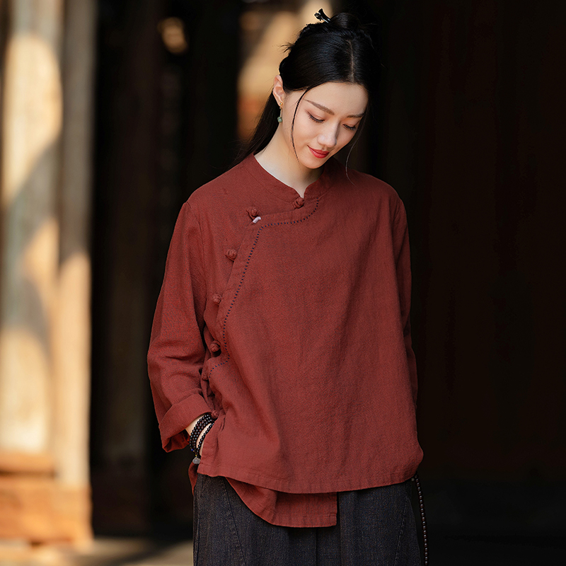 新中式国风复古盘扣斜襟上衣女秋季新款棉麻禅意茶服衬衫苎麻开衫