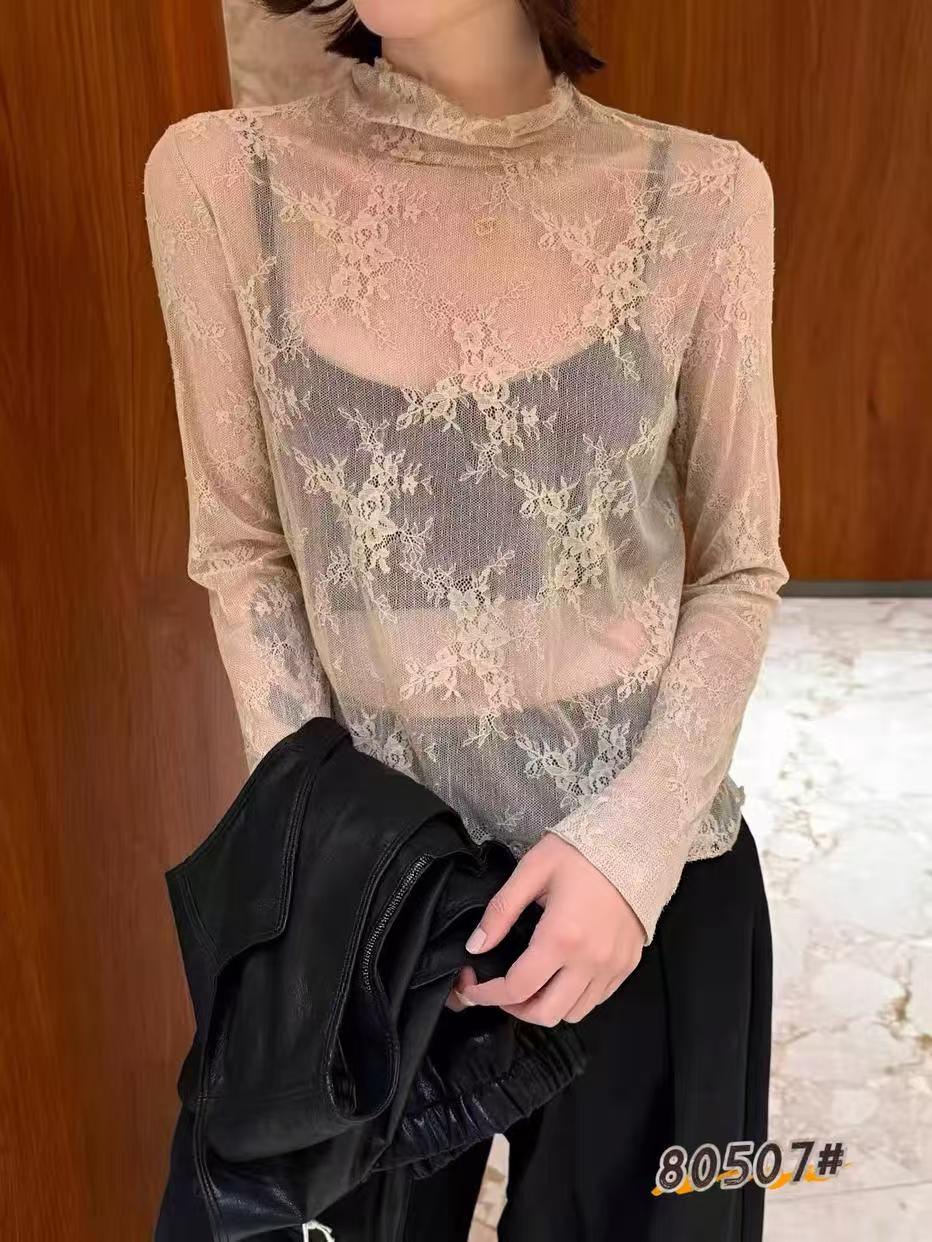 欧洲站2026秋季新韩版时尚立领宽松显瘦百搭蕾丝长袖T恤女