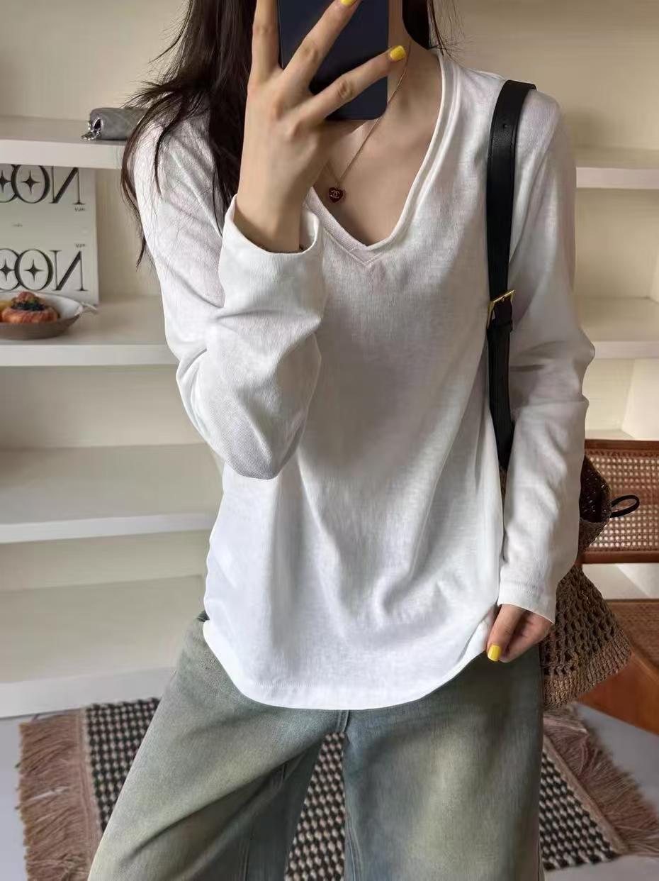 欧洲站2026秋季新韩版时尚V领宽松显瘦百搭纯色长袖T恤女