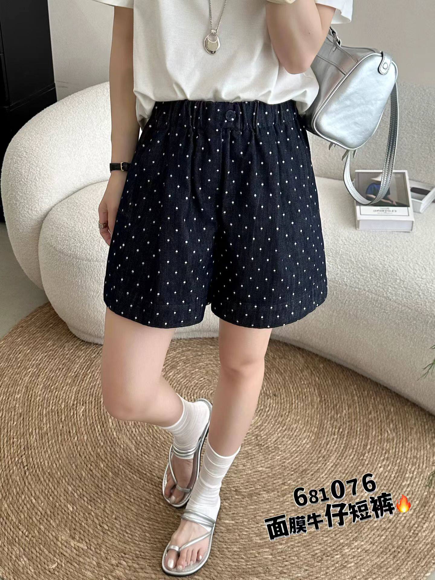 欧洲站2026夏季新款韩版时尚百搭显瘦松紧腰波点面膜牛仔短裤女