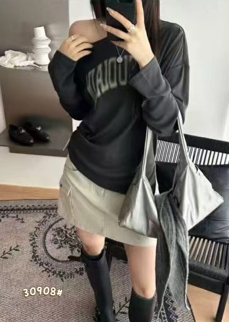 欧洲站2026早秋季新韩版时尚斜肩领宽松显瘦百搭字母长袖T恤女