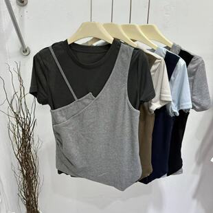 欧洲站2026夏季假两件短袖T恤女款洋气设计感拼接百搭显瘦上衣