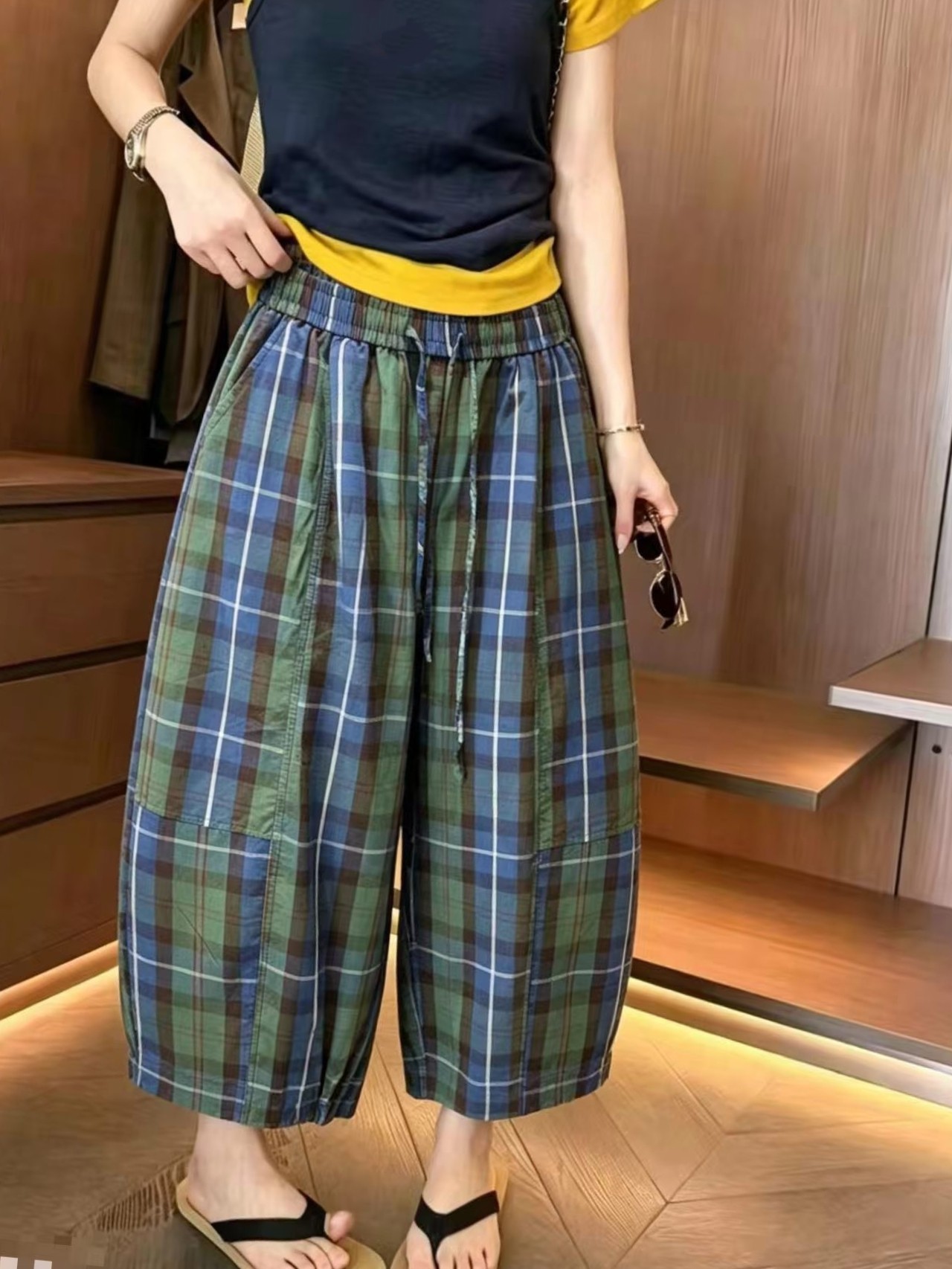 欧洲站2026夏季新韩版时尚松紧腰抽绳宽松显瘦百搭格子休闲裤女