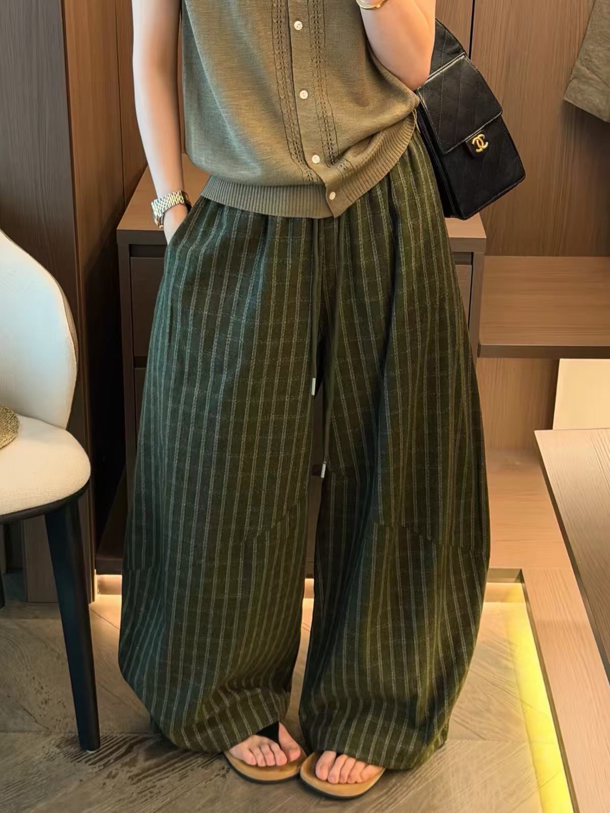 欧洲站2026秋季新韩版时尚松紧腰宽松显瘦百搭条纹阔腿休闲裤女