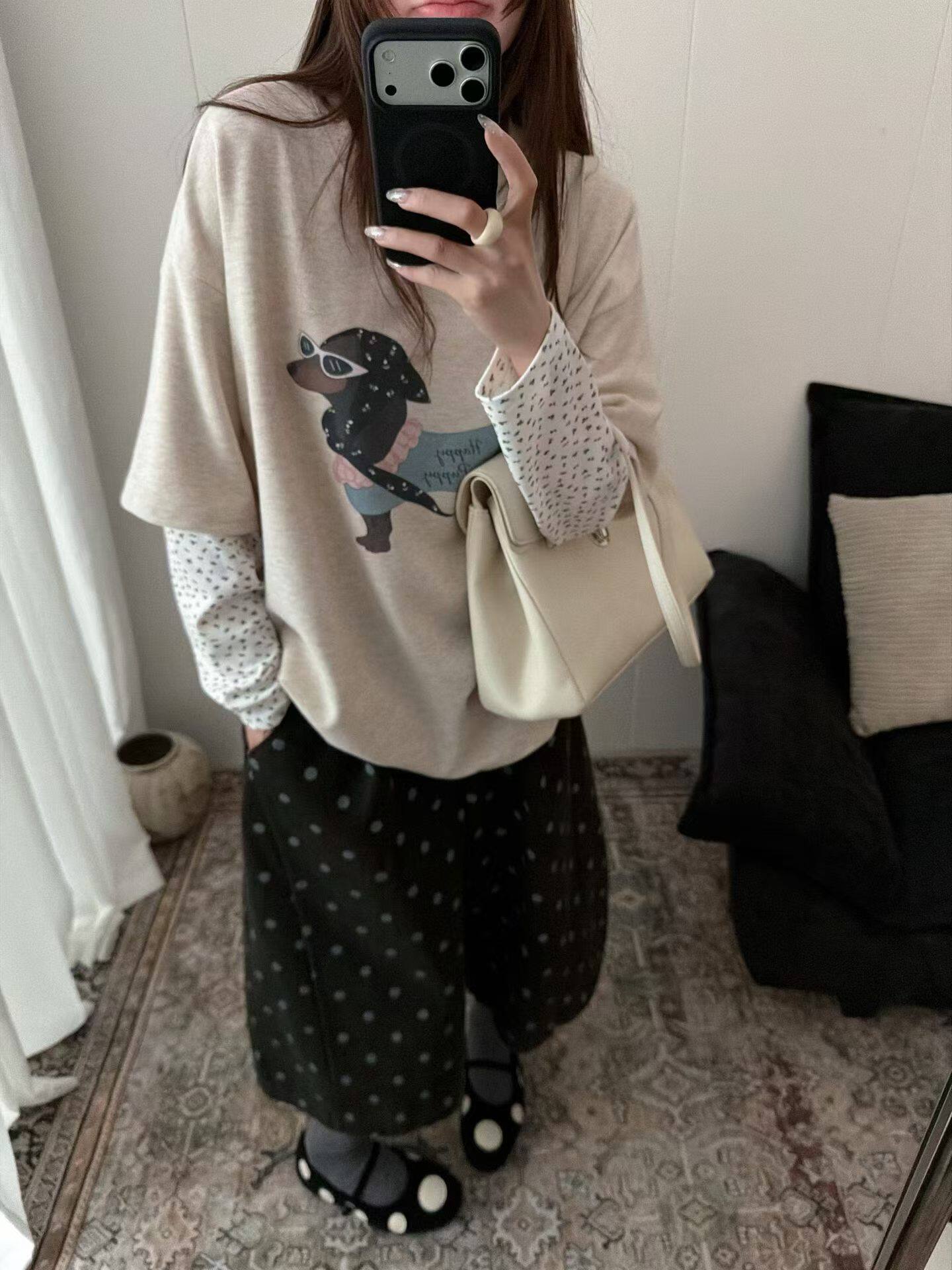 欧洲站2026秋季新韩版时尚圆领宽松显瘦百搭长袖拼色卡通T恤女
