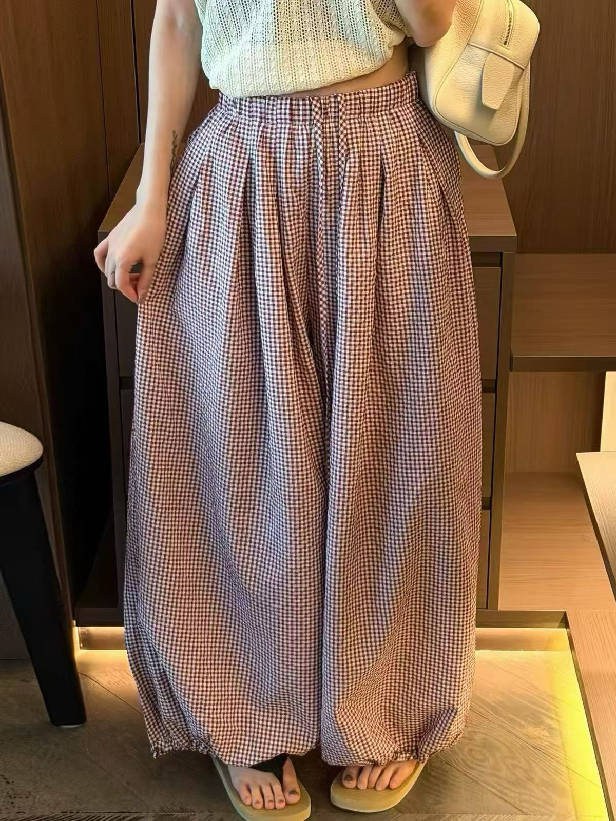 欧洲站2026秋季新韩版时尚松紧腰宽松显瘦百搭格子休闲裤女