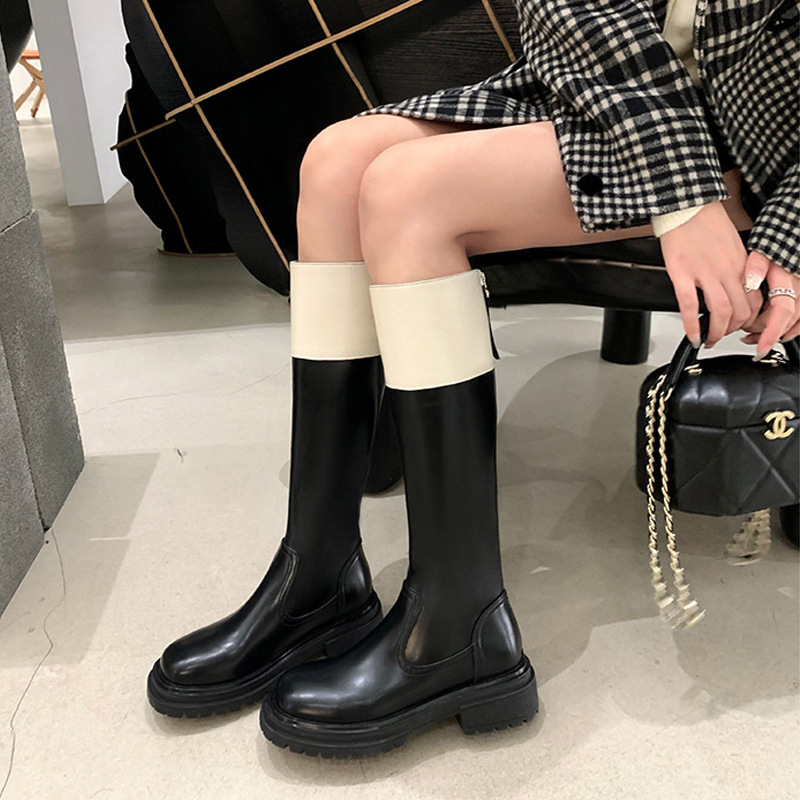 牛皮版~2025新款秋季拼色长筒靴小个子不过膝显瘦高筒靴厚底长靴