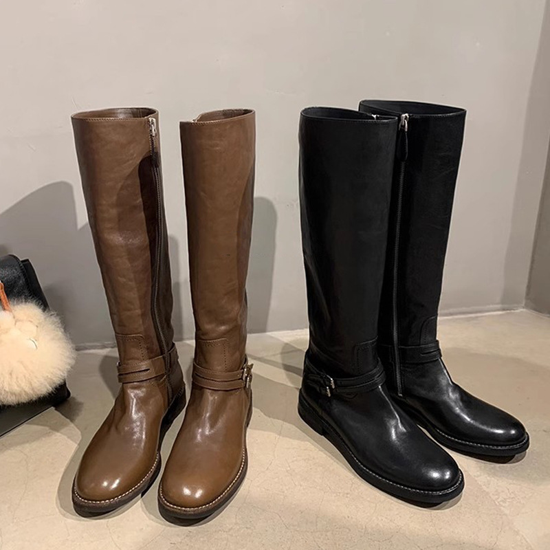 现货！牛皮版~双扣带真皮不过膝长靴女百搭长筒靴粗跟高筒骑士靴