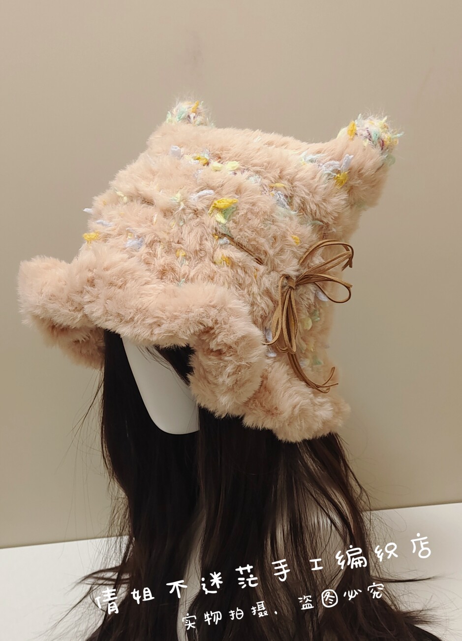成品钩织毛线帽子新款冬季仿皮草手混线猫耳帽加厚帽檐护耳帽