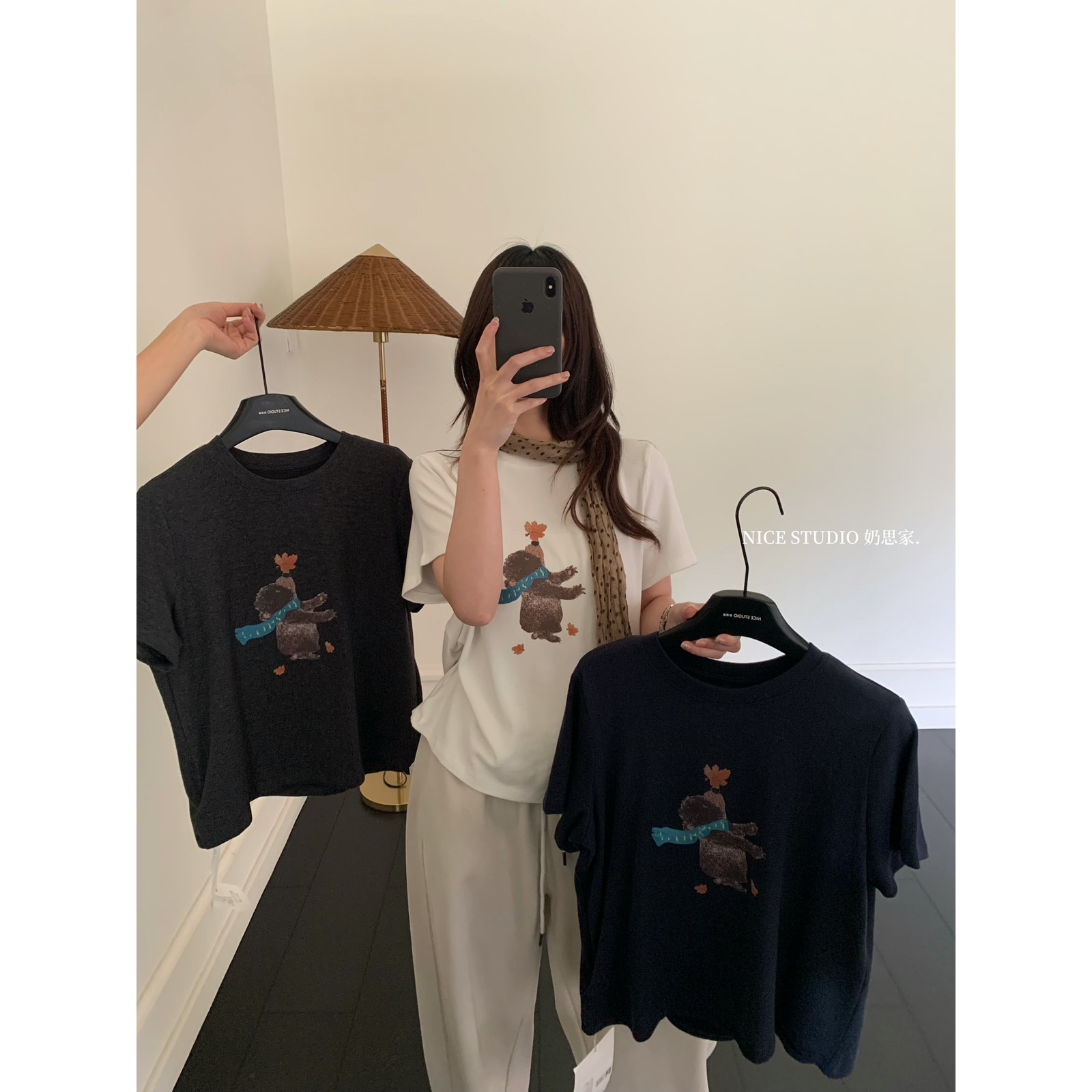 潮流时尚女装-秋上新韩系落叶浣熊印花正肩弹力短袖T恤L3016