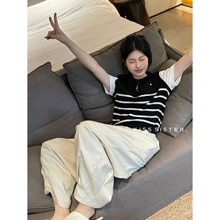 上衣针织衫 早秋潮流品尚减龄假两件设计半拉链条纹拼色短袖 M9079