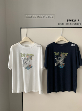 潮流品尚夏上新韩系慵懒感宽松休闲无感印花卡通短袖T恤97672