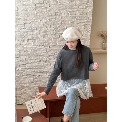 时尚-蕾丝边打底衫女2025冬季新款韩系百搭中长款长袖T恤YS1-8330