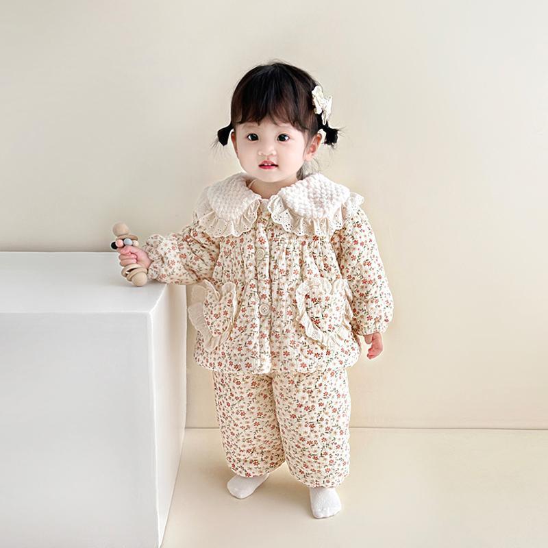 女宝宝冬季加绒加厚夹棉家居服