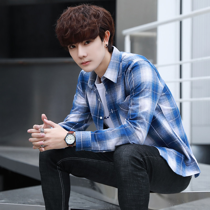 格子衬衫男长袖新款秋秋季潮流休闲衬衣XZ313B-1-9692-P50,男装衬衫,星座310B-3