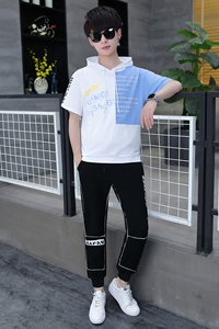 2021夏季新款男士时尚连帽短袖T恤长裤休闲套装XZ313B-1-T143-P70图片