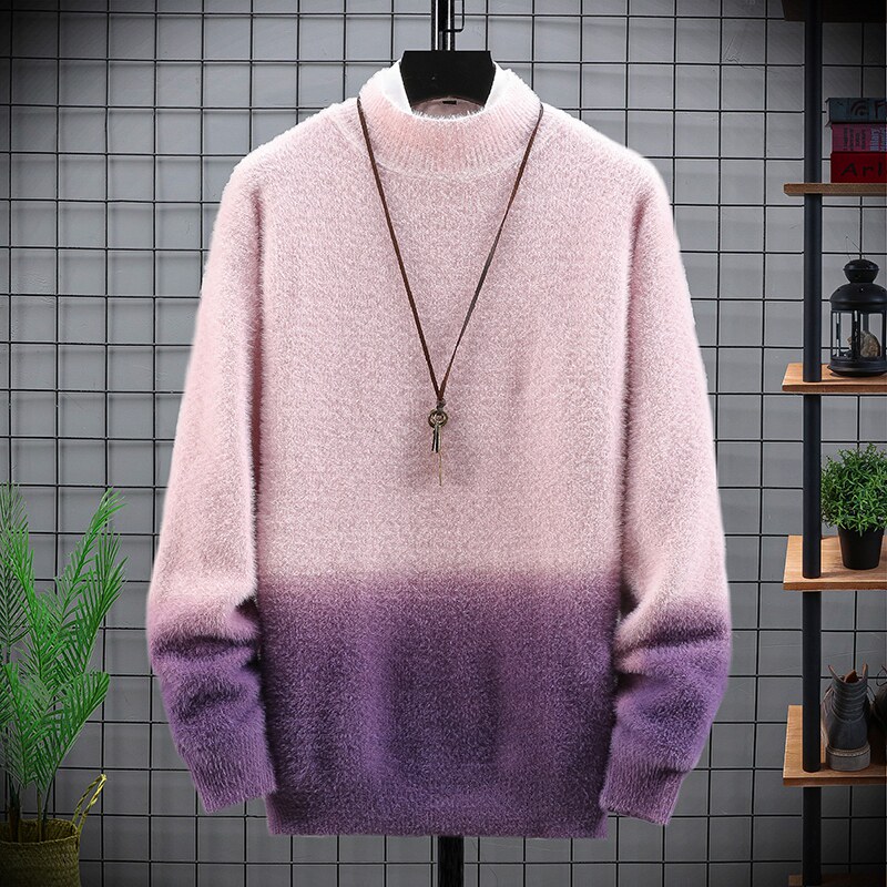 秋季毛衣男士渐变色仿貂绒半高领套头针织衫XZ313B-1-CP610-P55图片