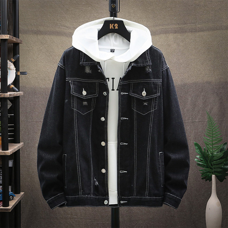 2022春季新款翻领男士休闲破洞牛仔夹克外套XZ313B-1NZ601图片