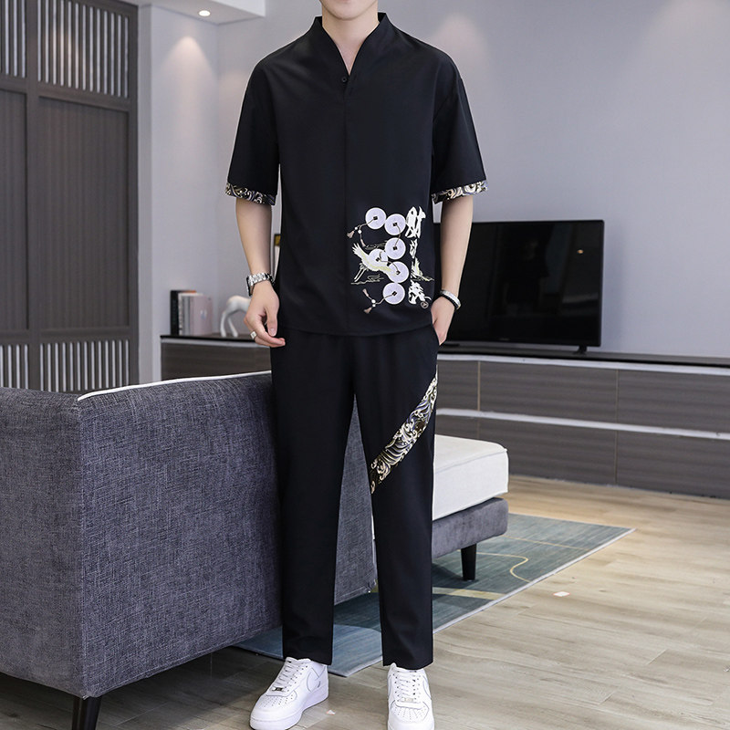 主推大货风短袖男士大码汉服休闲套装XZ313B-1-TZ888-P50,男装休闲套装,星座310B-3