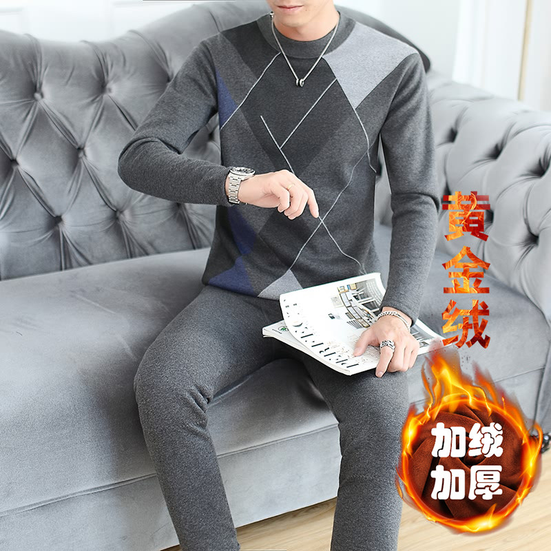 秋冬男士休闲纯棉加绒加厚保暖长袖两件套套装XZ313B-1-TZ77-P65,男装休闲套装,星座310B-3