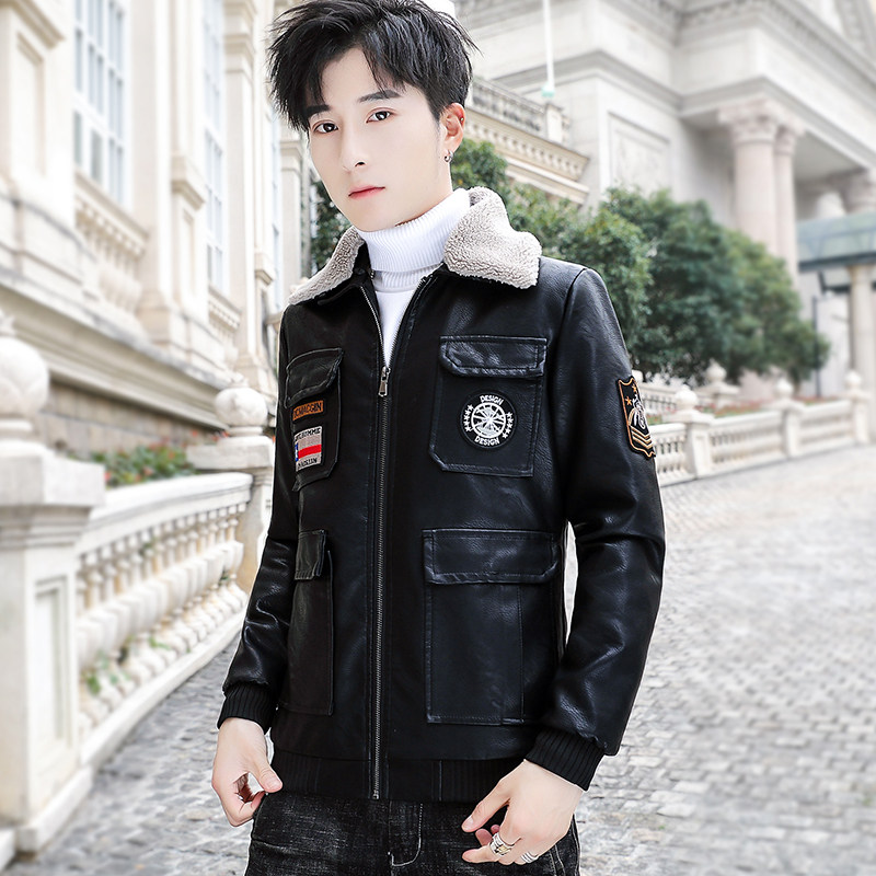冬季加绒皮衣青年个性徽章机车服帅气皮夹克外套男PY1806-P130,男装皮衣,星座310B-3