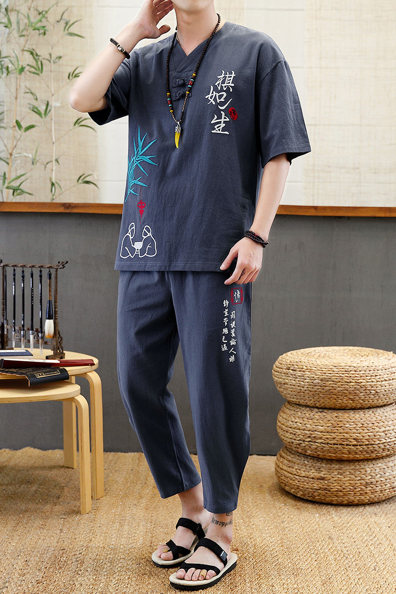 夏季风棉麻套装男大码时尚刺绣两件套XZ313B-1-TZ2016-P48,男装休闲套装,星座310B-3