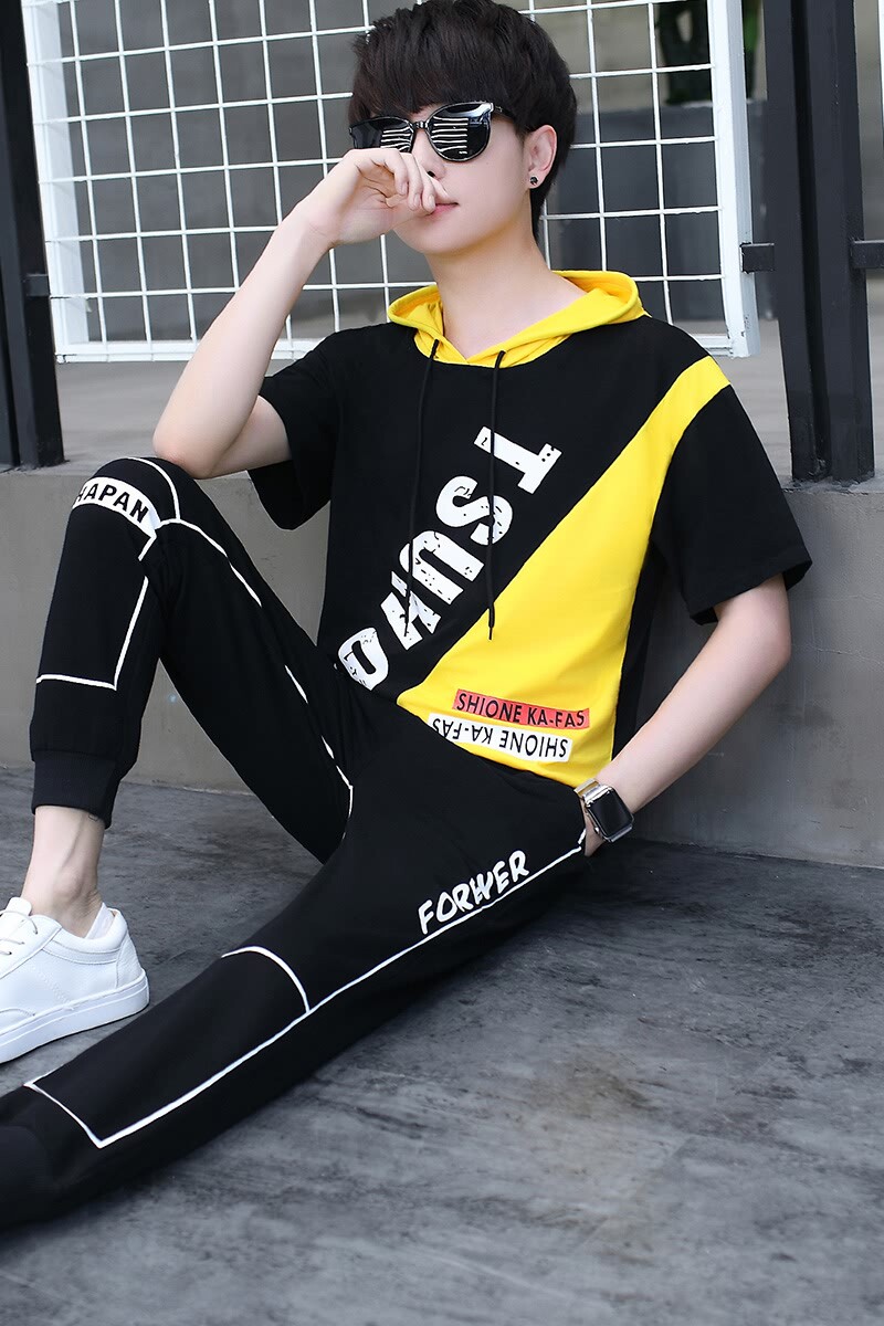 夏季新款青少年时尚休闲连帽短袖T恤长裤套装XZ313B-1-T144-P70,男装休闲套装,星座310B-3