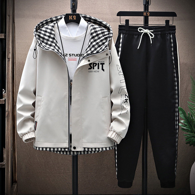 春季青年拉链连帽夹克外套休闲运动套装束脚裤XZ313B-1TZ609-P100,男装休闲套装,星座310B-3