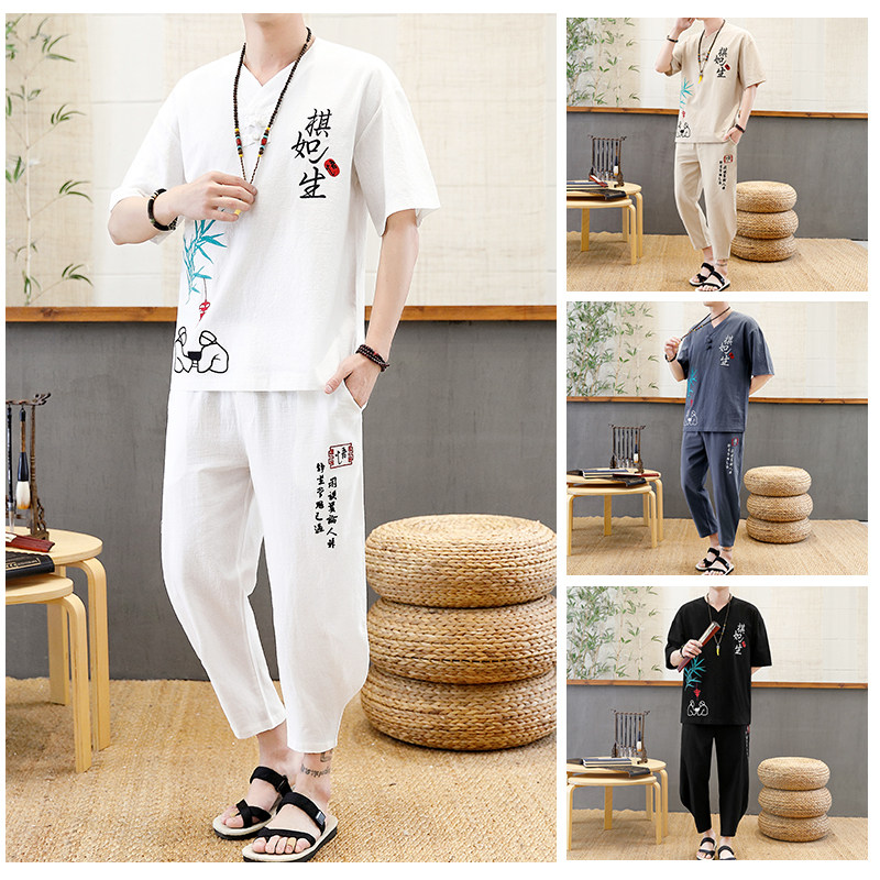 风棉麻套装男短袖大码时尚刺绣两件套XZ313B-1-TZ2016-P48，男装休闲套装，星座310B-3