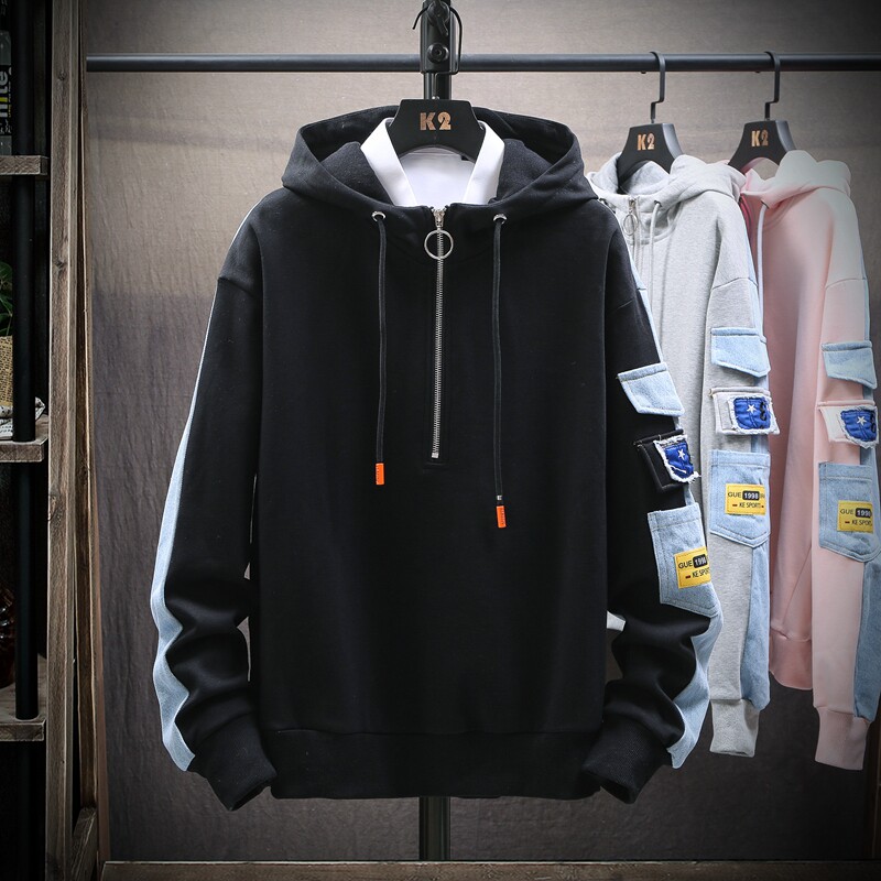 秋季新款日系拼接时尚高品质牛仔宽松连帽卫衣XZ313B-1-NZ017-P70,男装卫衣,星座310B-3