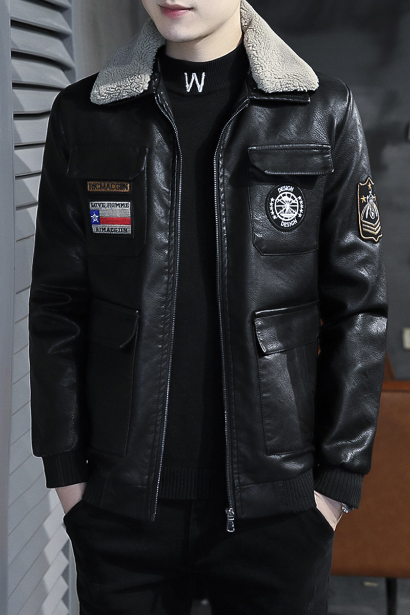冬季加绒皮衣青年个性徽章机车服帅气皮夹克外套男PY1806-P130,男装皮衣,星座310B-3