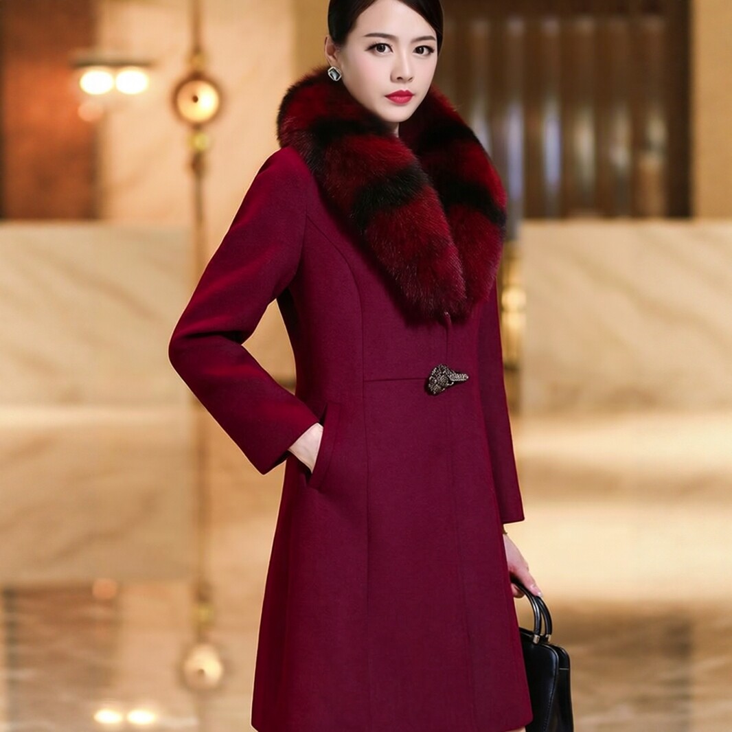 妈妈装秋冬新款真狐狸毛领羊绒大衣女中长款修身显瘦羊毛呢子外套