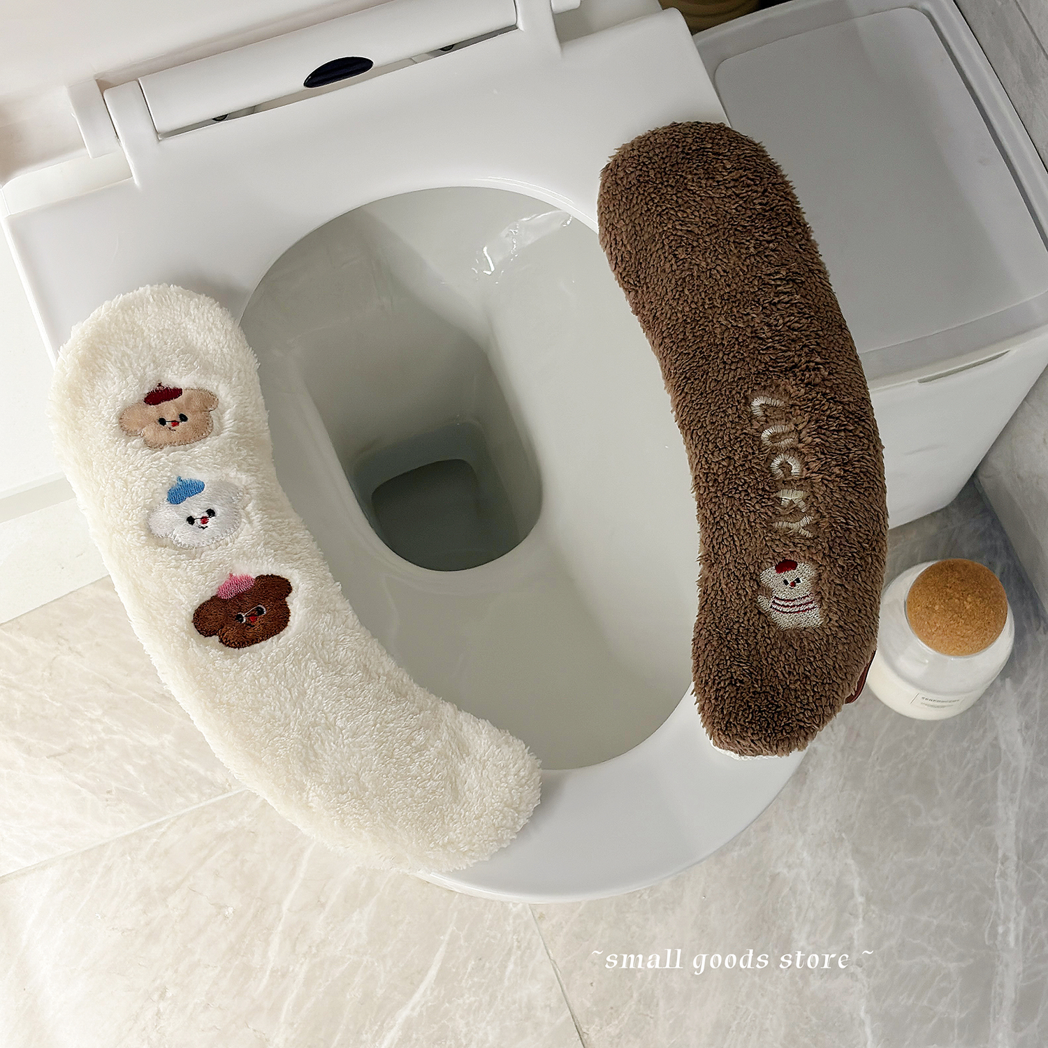 拆取方便 ins刺绣布艺马桶坐垫冬季保暖毛绒马桶坐便圈带提手卡通