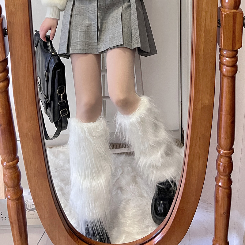Y2K辣妹毛绒袜套日系JK制服亚文化毛毛腿套冬季保暖仿皮草堆堆袜