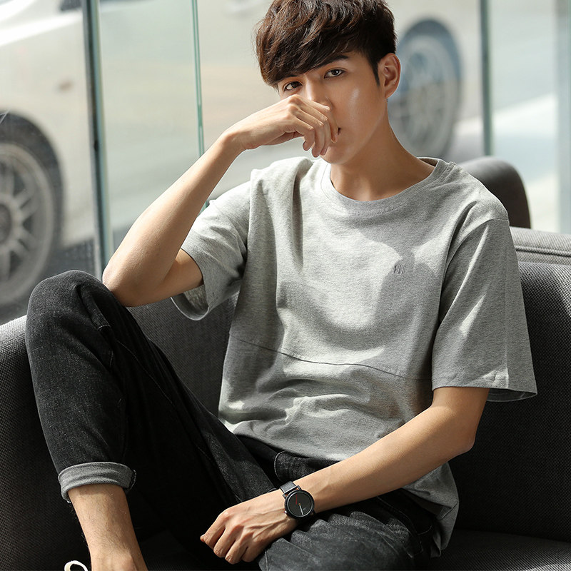 唐狮2020夏装新款t恤短袖男士拼接圆领纯色宽松半袖学生潮牌t体恤
