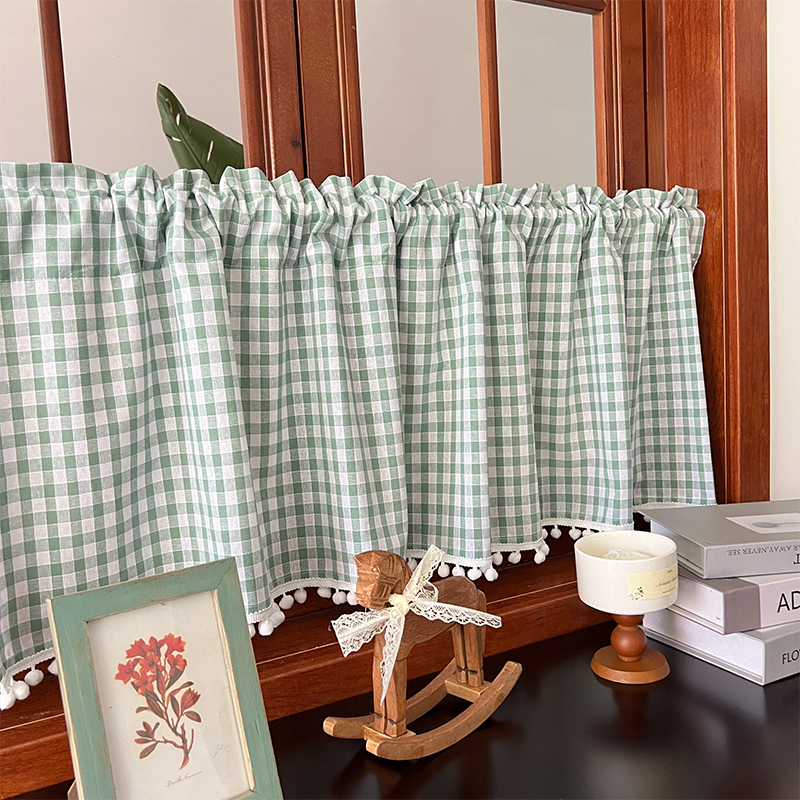 美式棉麻浅绿方格半帘免打孔厨房柜子遮挡帘门帘小清新窗帘布料