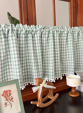 美式棉麻浅绿方格半帘免打孔厨房柜子遮挡帘门帘小清新窗帘布料