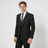 商务正装 修身 新郎伴郎婚礼礼服 三件套男 黑色格子西装