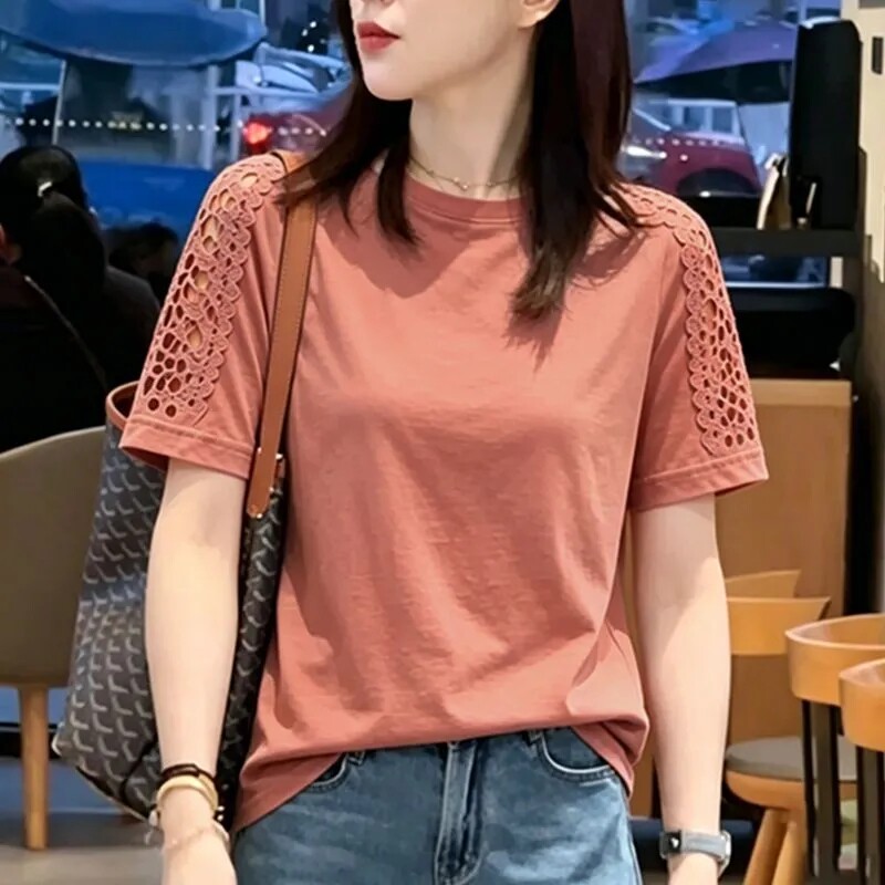 纯棉时尚镂空花边拼接短袖T恤女夏季新款宽松洋气圆领半袖女上衣
