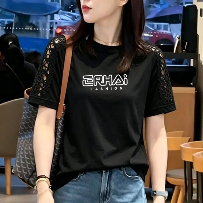 纯棉时尚镂空花边拼接短袖T恤女夏季新款宽松洋气圆领半袖女上衣