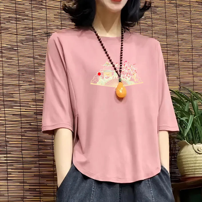 100%纯棉高档遮肉不规则t恤女新款中袖拼接洋气上衣大码夏装小衫