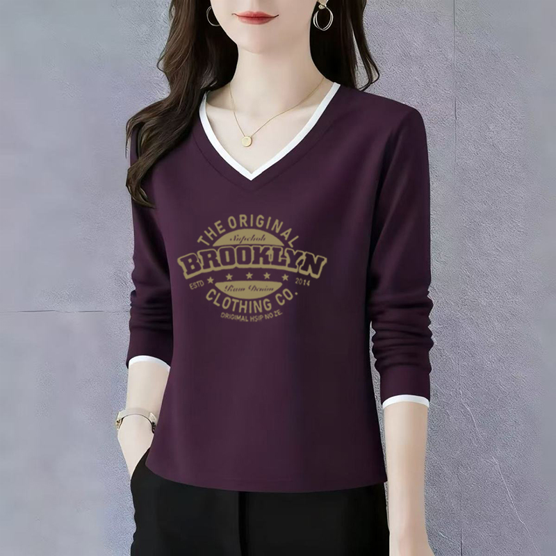纯棉长袖t恤女士V领打底衫初秋2025新款高端洋气正肩宽松休闲上衣
