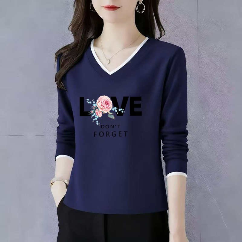 纯棉长袖t恤女士V领打底衫初秋2025新款高端洋气正肩宽松休闲上衣