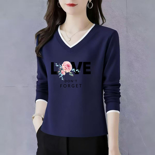 纯棉长袖t恤女士V领打底衫初秋2025新款高端洋气正肩宽松休闲上衣