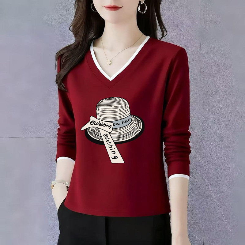 纯棉长袖t恤女士V领打底衫初秋2025新款高端洋气正肩宽松休闲上衣