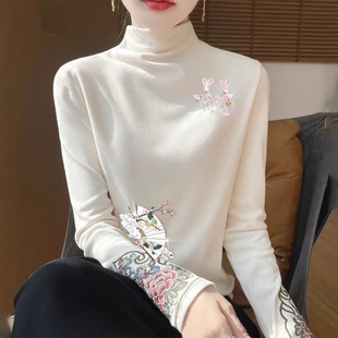 秋冬半高领德绒打底衫女复古民族风长袖中式T恤国风印花保暖上衣