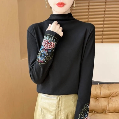 秋冬半高领德绒打底衫女复古民族风长袖中式T恤国风刺绣保暖上衣