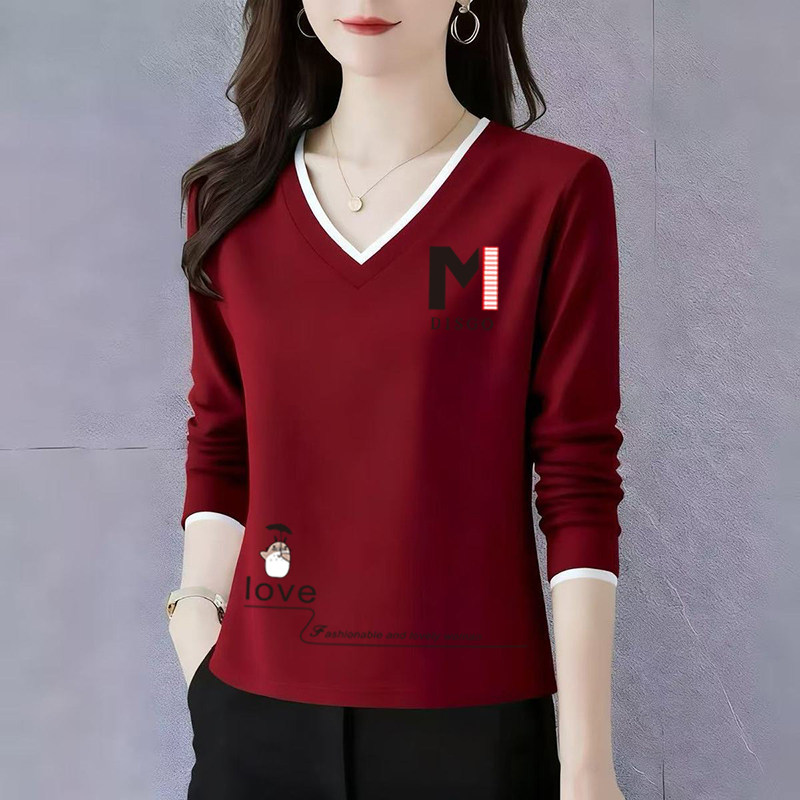 纯棉长袖t恤女士V领打底衫初秋2025新款高端洋气正肩宽松休闲上衣