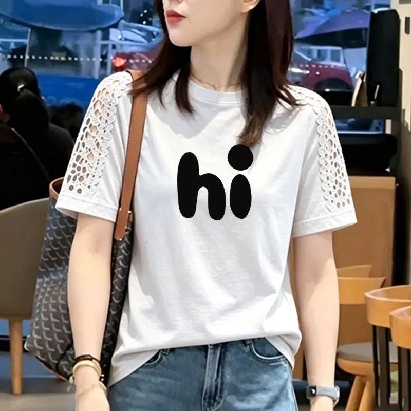 纯棉时尚镂空花边拼接短袖T恤女夏季新款宽松洋气圆领半袖女上衣