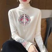 中式 秋冬半高领德绒打底衫 女复古民族风长袖 T恤国风印花保暖上衣